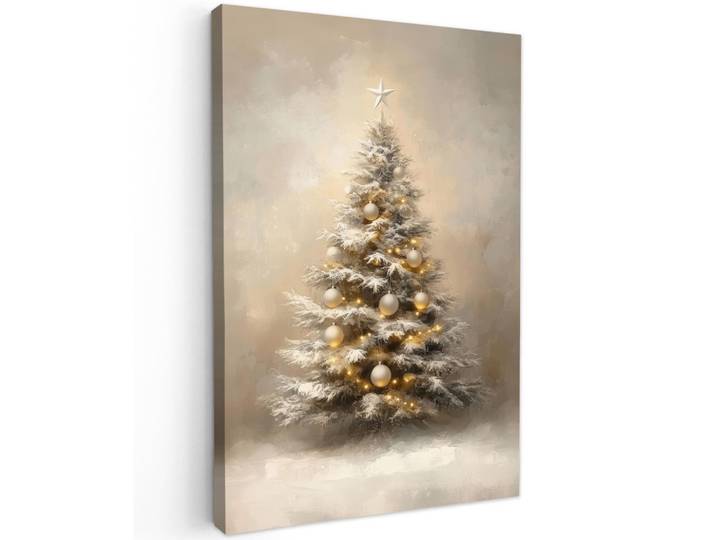 MuchoWow Leinwandbild - Weihnachten - Weihnachtsbaum - Schnee - Kunst - 80x120 - Wanddeko, Champagner, Textil, Kiefer, Abstrakt, Rechteckig, 80x120 cm, gerahmt, Bilder & Rahmen, Bilder, Wandbilder