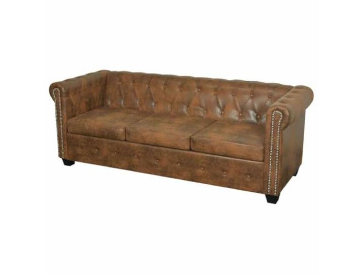 Chesterfield Sofa 3-Sitzer Braun Kunstleder Gepolsterte Sitzfläche, genagelte Details, geschwungene Arme, stabil, pflegeleicht