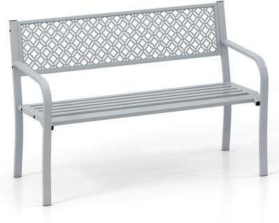Costway 50 Inches Outdoor Garden Bench with Geometric Lattice Backrest and Slatted Seat-Gray