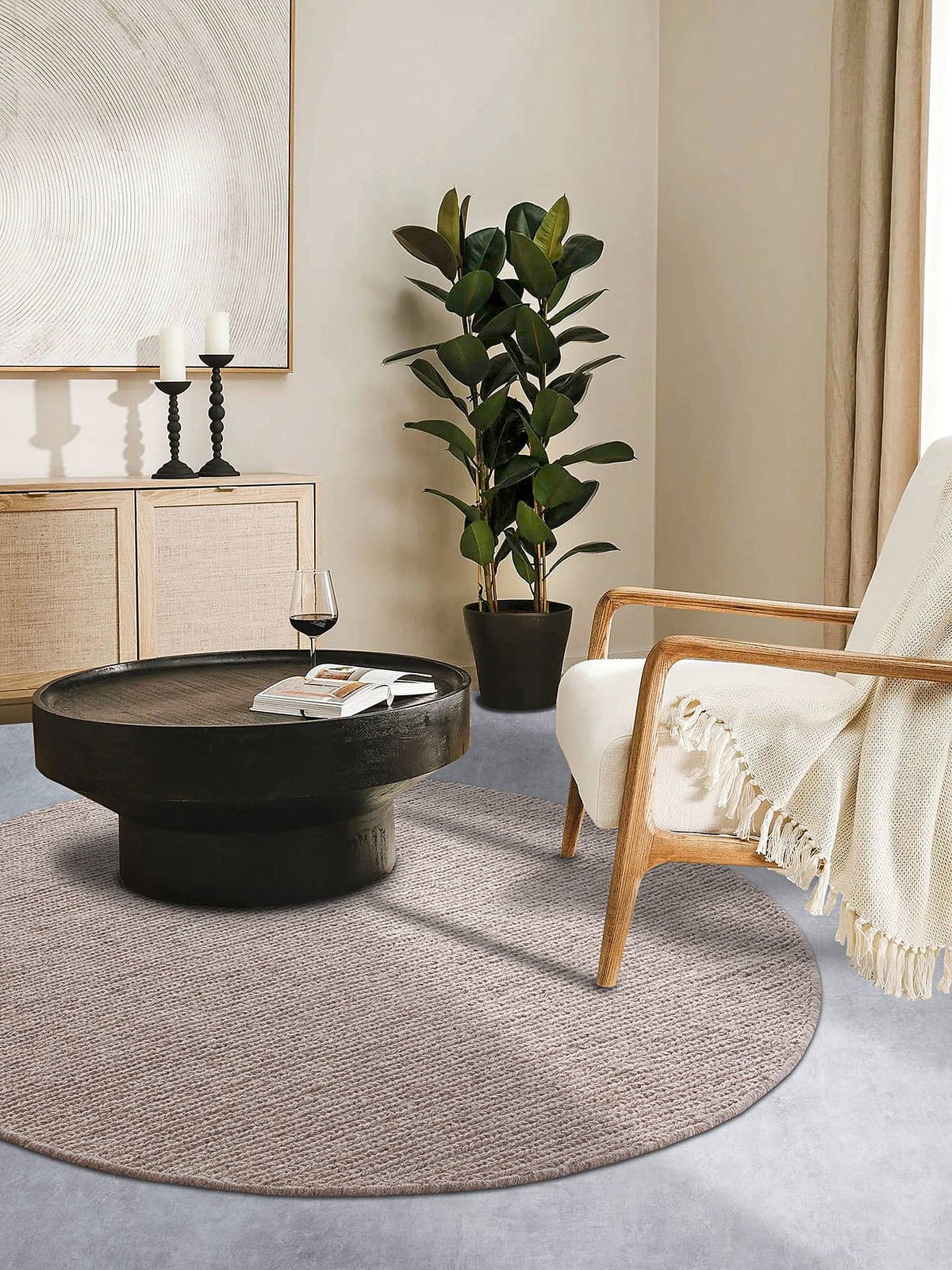 home24 Wollen vloerkleed Francois rond beige, Ø 200 cm
