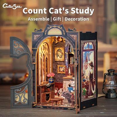 Inspire Select CUTEBEE Count Cat's Study DIY Book Nook Kit Wooden 3D Puzzle Bookshelf Insert With Lights count Cat Study