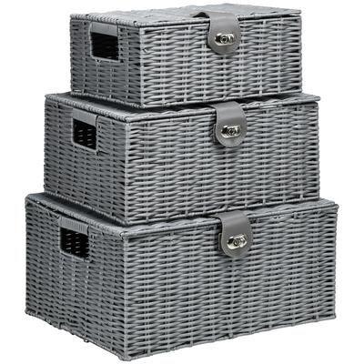 MODFU Aufbewahrungsboxen 3er-Set 35x28x18 PP Kunststoff Metallrahmen Deckel Schnallen Aufbewahrung Ordnung Grau