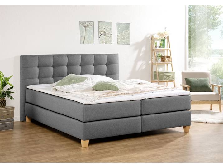 Boxspringbett, Samtstoff, Grau, 214×211 cm, Mit Topper & 3 Härtegraden, Klassisch, Home-affaire