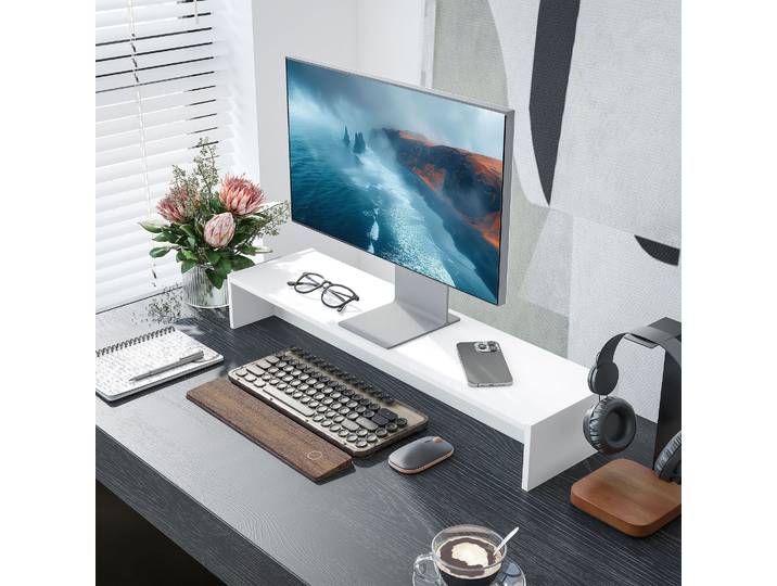 HOMCOM Rehausseur écran PC bureau support d'écran d'ordinateur de 100 cm support moniteur avec deux compartiments, blanc