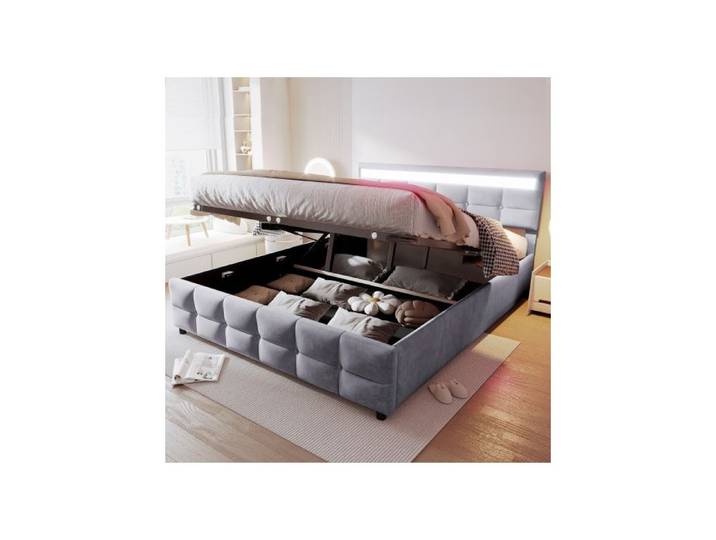Lit 180x200 cm-LED-Lit coffre-sommier à lattes - gris