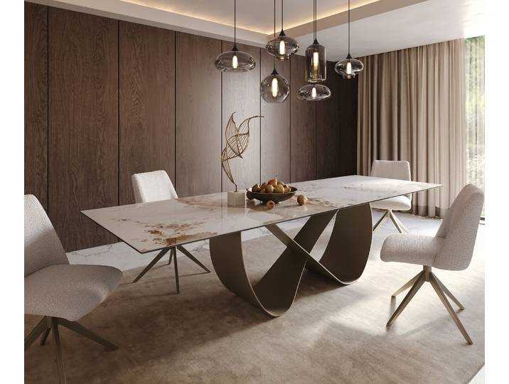 Esstisch Edge 300x100cm Keramik Minas Melange Weiß-Beige Infinity Metall Effektfinish Titan, Esstische