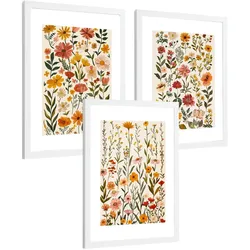 POSTER 3er-Set Wandbilder Wildblumen modern Wohnzimmer Deko, Schlafzimmer, Küche, Badezimmer Weißer Rahmen A4