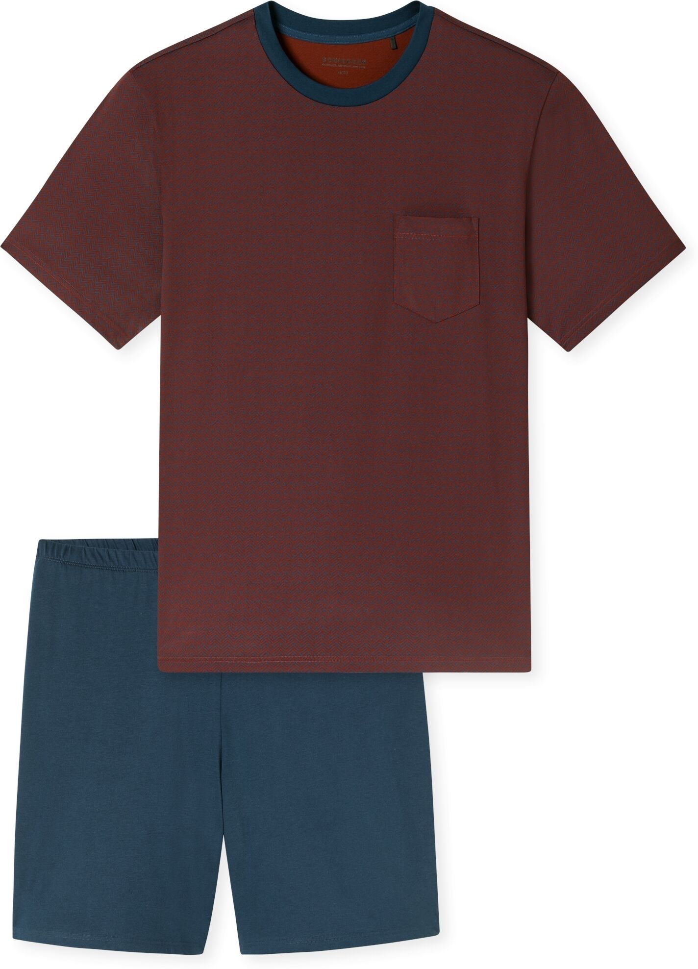 Pyjama SCHIESSER "Comfort Essentials", Herren, Gr. 58, braun (500, rot), Single Jersey, Obermaterial: 100% Baumwolle, bequem kurz, Rundhals, Homewear-Sets Pyjama, mit aufgesetzter Brusttasche 500, rot 58