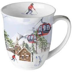 Ambiente Tasse 10cm Porzellan 0,4L mit Skihütten Motiv - Keramiktasse Porzellangeschirr Kaffeetasse Teetasse Kakaotasse Wintermotiv Wintertasse Porzellantasse