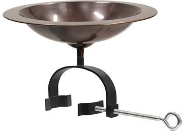 "Achla Designs 15""L Round Antique Copper Brass Classic II Birdbath w/ Wrought Iron Over Rail Bracket"