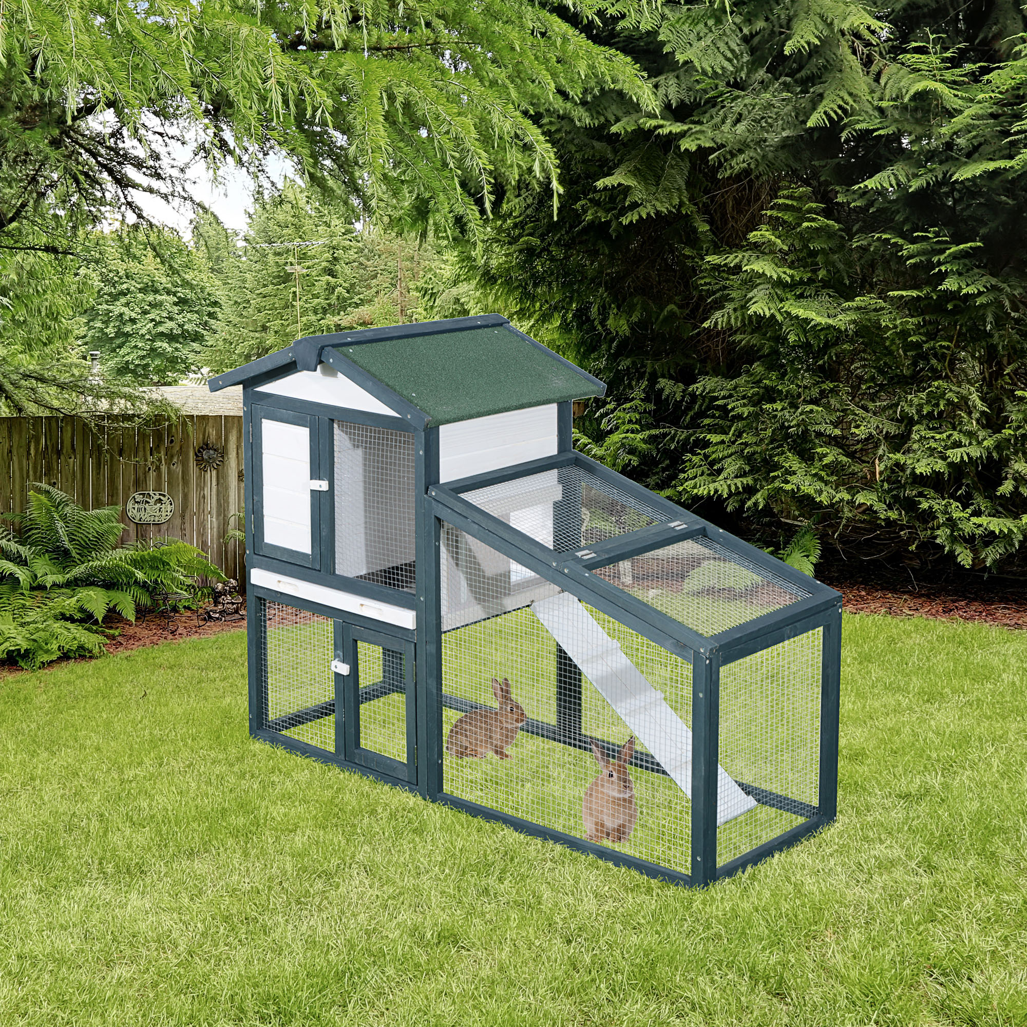 Pawhut Gabbia per Conigli e Animali da Compagnia in Legno 2 piani di Abete Doppia Porta 140x65x100cm Verde e Bianco