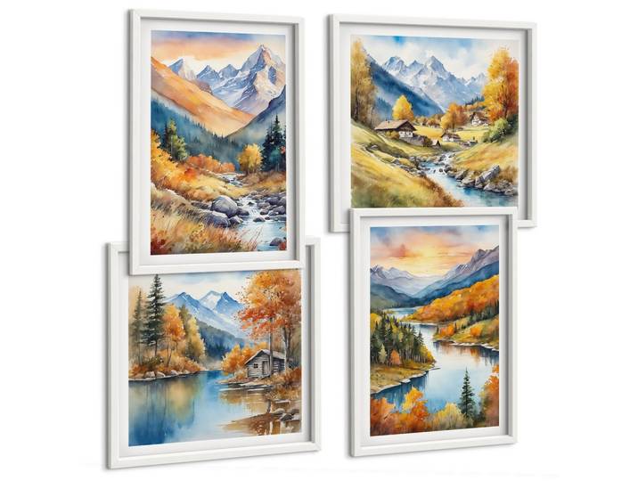 BILDER SET 4er Set - 50x50 cm & 40x60 cm Weißer Rahmen - Berglandschaft mit einem Fluss