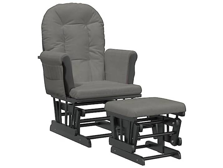HFXHIJXQ Schaukelsessel mit Hocker Gleitfunktion Relaxsessel Dunkelgrau Sanfter Stillstuhl mit Gleitbewegung, Kautschukholz-Gestell und Seitentasche für Schlafzimmer sowie Wohnzimmer.