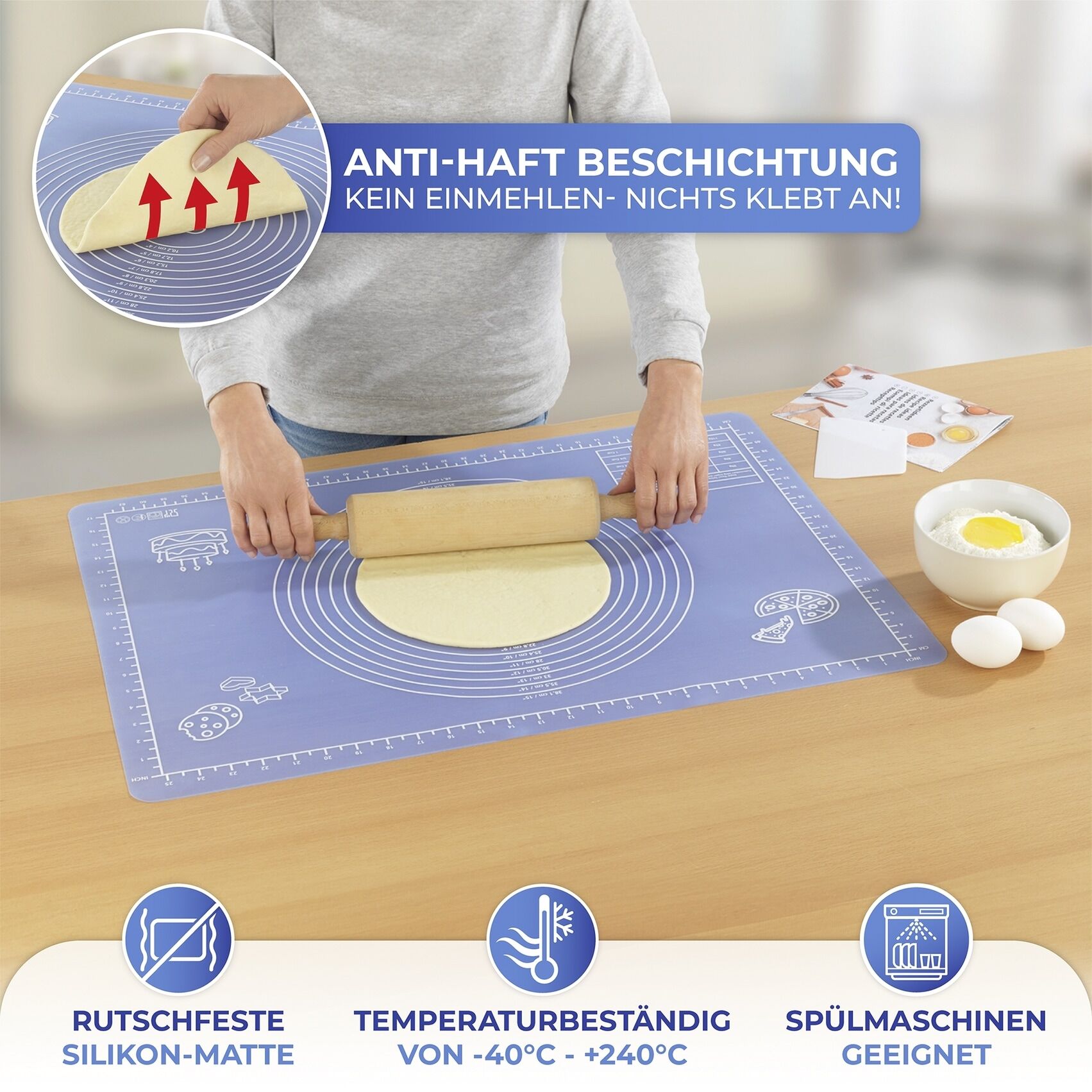 Backmatte MAXIMEX "Antihaft", blau, B:50cm L:70cm, Kunststoff, Papier, Silikon, Backunterlagen, Backmatte, Teigunterlage aus rutschfestem Silikon, mit Teigschaber und Rezeptheft blau B/L: 50cm x 70cm