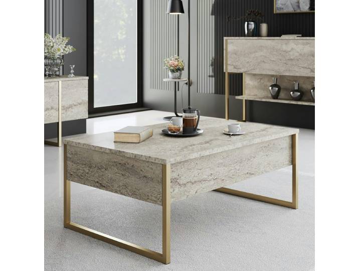 Table basse rectangulaire pieds dorés JENA - Travertin