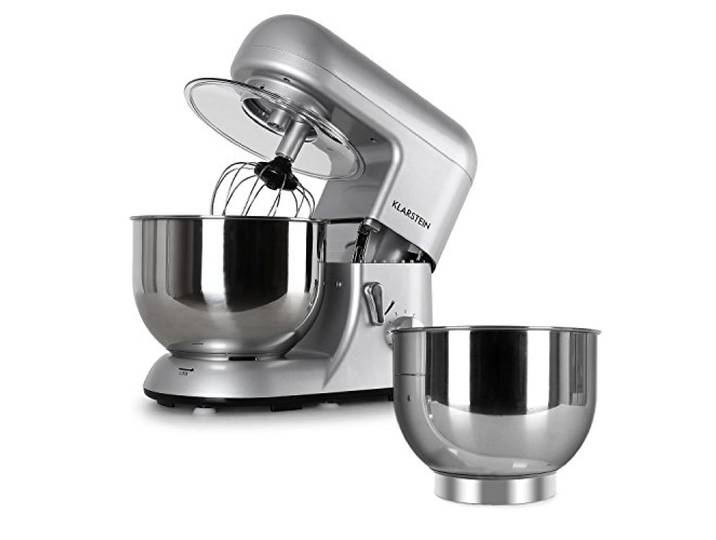 Klarstein Bella Argentea - Küchenmaschine, Rührmaschine, 5,2 L, Rührschüssel, Knetmaschine mit 1300 W, 6-stufige Geschwindigkeit, Edelstahlschüssel, Küchenmaschine + Zusatzschüssel, silber