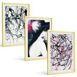 BILDER SET 3er Set - 40x60 cm Goldrahmen - Abstrakte Farbmuster Hut