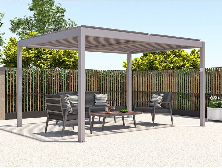Pergola bioclimatique autoportante électrique taupe en aluminium avec lames orientables 12 m² - AMADORA