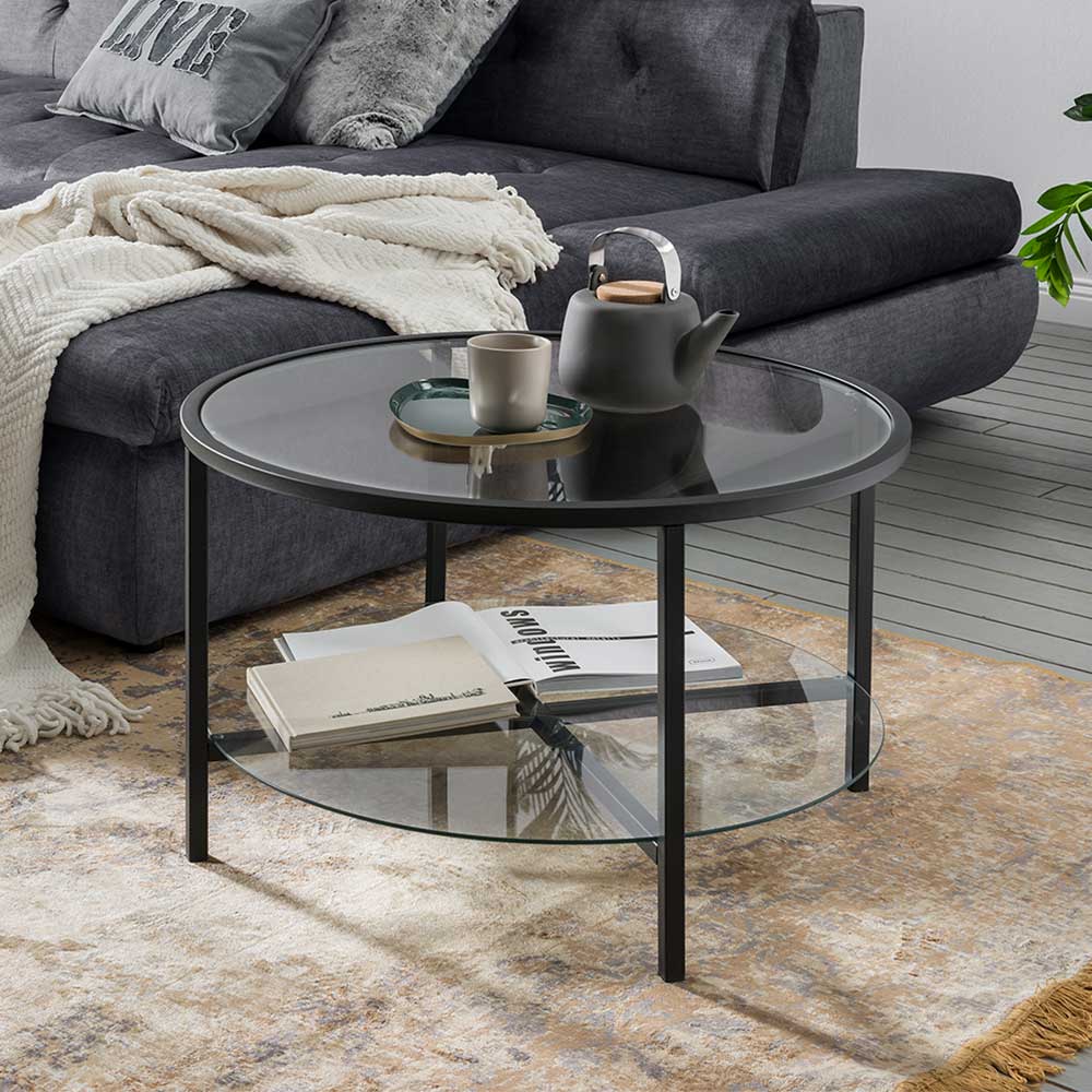 Pharao24.de Runder Glas Couchtisch mit schwarzem Metallgestell 75 cm breit