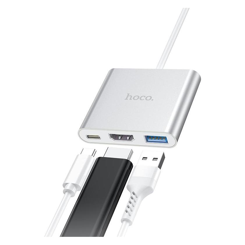 Hoco Adapteris HB14 Type-C to USB-A+HDMI+Type-C sidabrinis (USB-C, 3 Ports) (6931474725790)