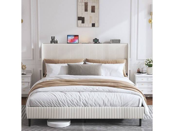 Lit plateforme 180×200 cm rembourré tête de lit en tissu bords arrondis
