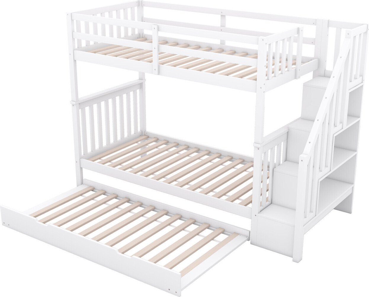 Etagenbett(90*200cm)Treppenregal,ausgestattet mit ausziehbares Rollbett, hohe Geländer, EN747-1