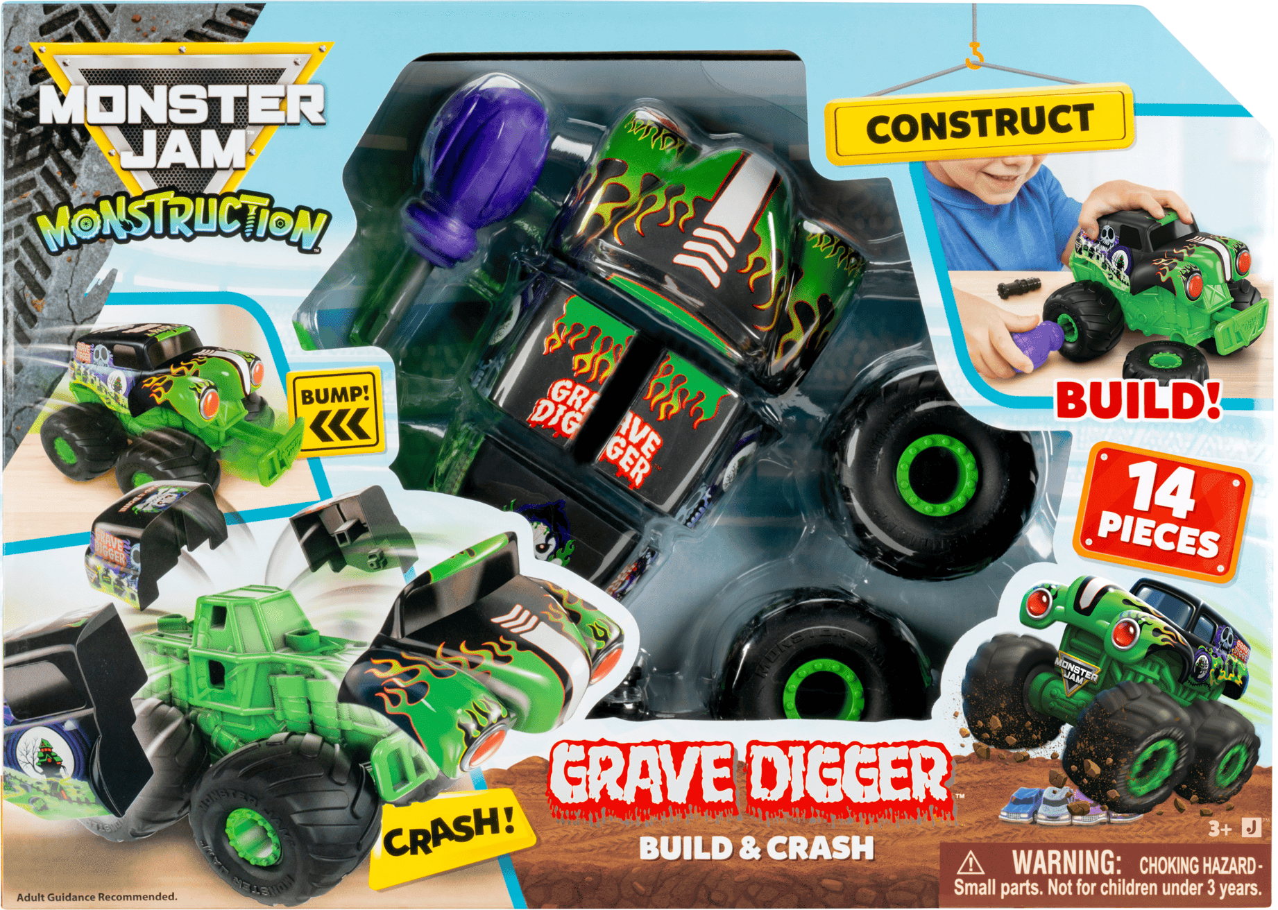 Spin Master Monster Jam Monstruction Grave Digger 8-Inch Build & Crash Monster Truck for Kids - Ages 3+ - 14-Piece Set