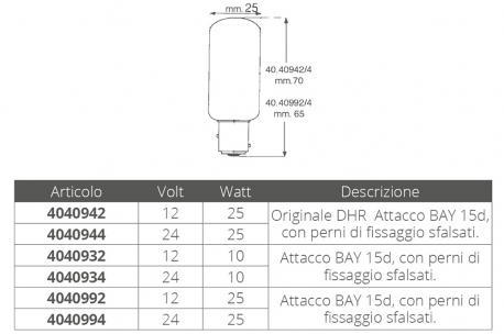 HiNelson Lampadina bay 15d a due poli Lampadina 24v. 10 w.