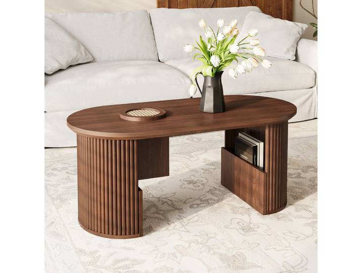 BBWL Couchtisch mit Stauraum, MDF, Retro-Design und vertikaler Struktur, Couchtisch Nussbaum 105×50×46,5 cm, ovaler Wohnzimmertisch