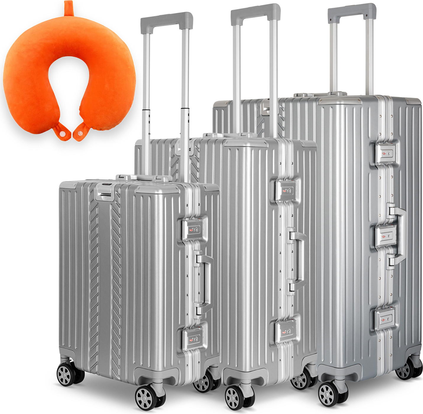 WINLIFE 3in1 Koffer-Set M+L+XL mit orangefarbenem Nackenkissen 53cm Handgepäck 65cm Check-in-Trolley 75cm XL Koffer ABS Alu-Rahmen TSA-Schloss