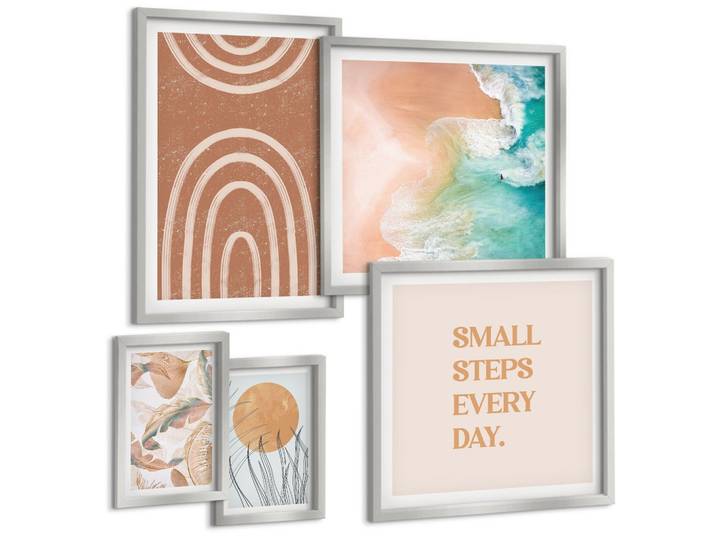 BILDER SET 5er Set - 50x50 cm & 20x30 cm & 40x60 cm Silberner Rahmen - Familie liebt Zuhause Aquarell