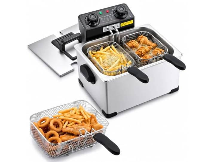 VEVOR Friteuse Électrique 5\,2 L\, Friteuse à Huile 2500 W\, pour Frites Beignets d'Oignon Cuisine\, en Acier Inoxydable\, avec Paniers Grands et Petits\, Thermostat\, Minuterie et Protection Anti-surchauffe