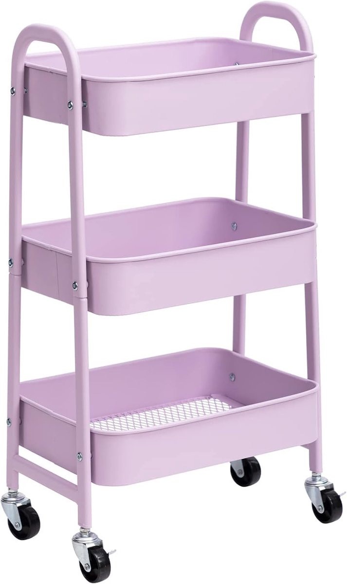 SnelShoppen 3-laags metalen opbergtrolley met wielen, paars, H x B x D: 70 x 40 x 30 cm