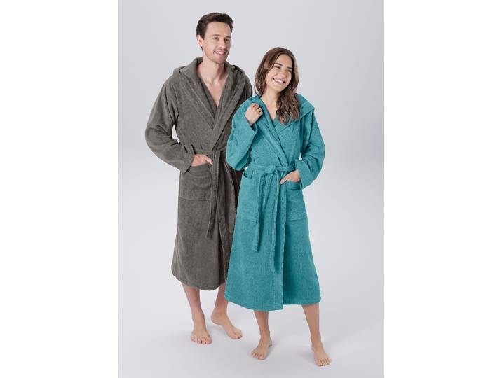 Unisex-Bademantel GOODPRODUCT Regona, Hotelbademantel, Morgenmantel, Standardlänge & Überlänge Gr. 4XL, grau (anthrazit), 4XL, N-Gr, Veloursfrottier, Hausmäntel, Unisex-Bademantel, Damen & Herren, mit Taschen, flauschig, weich, Velours, Sauna & Spa