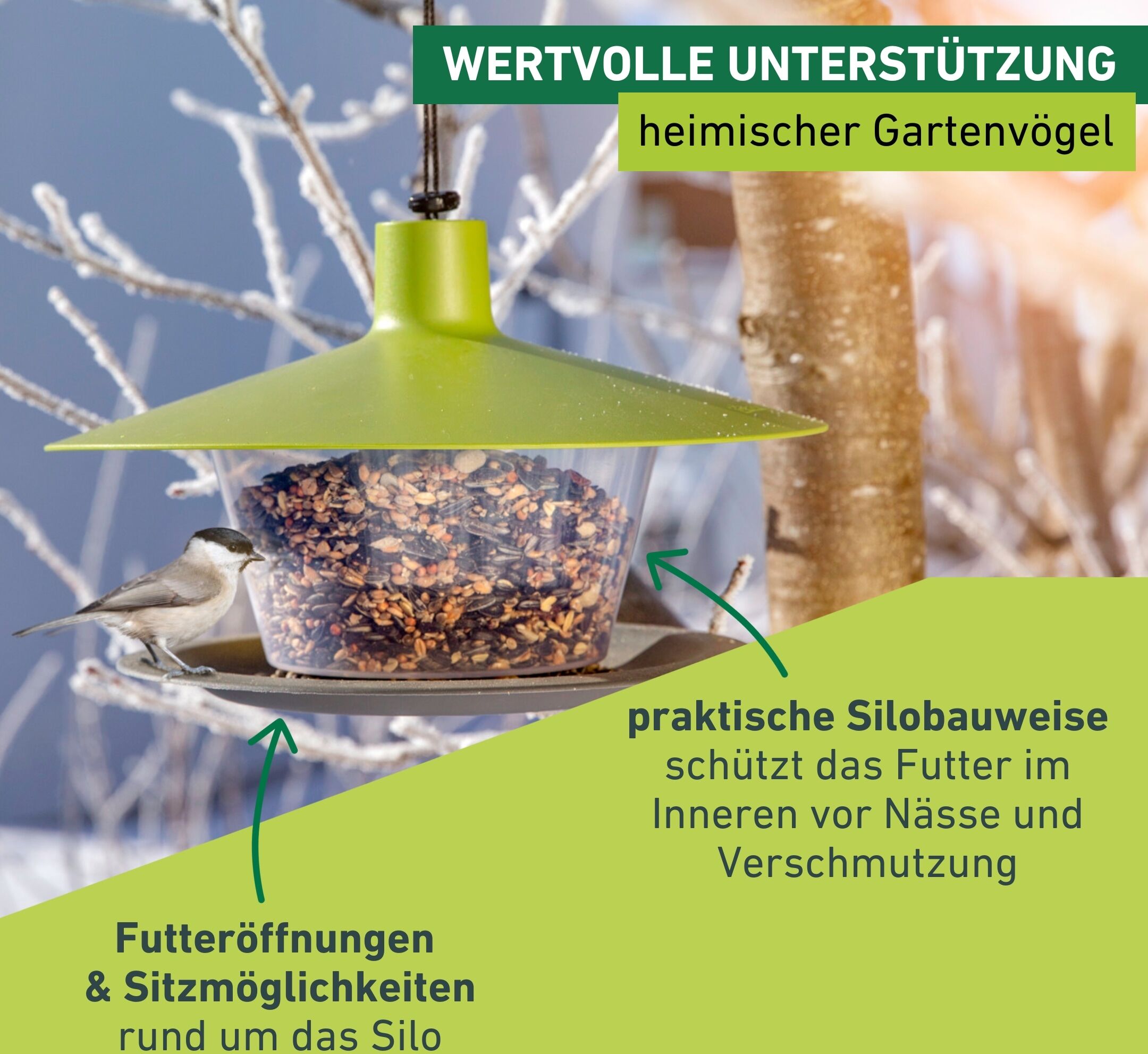 Futterhaus WINDHAGER "Urban Life, Futterspender aus robustem Kunststoff", grün, B:17cm H:28cm L:28cm, Futterautomaten, Futterstation inkl. Aufhängung, Füllmenge ca. 1,2 L, 28 x 28 x 17cm