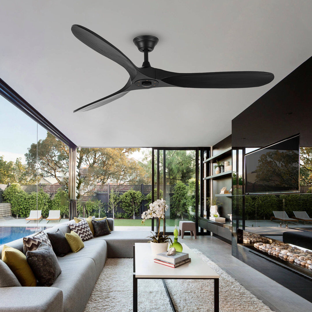 Latitude Run Solid Wood Ceiling Fan with Remote Black 177cm