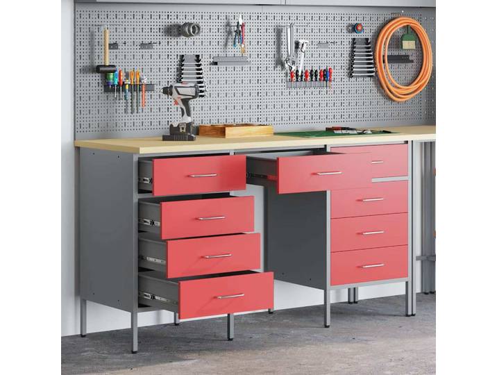 vidaXL Werkbank 3 Stk. Rot und Grau Ingenieure Holz und Stahl