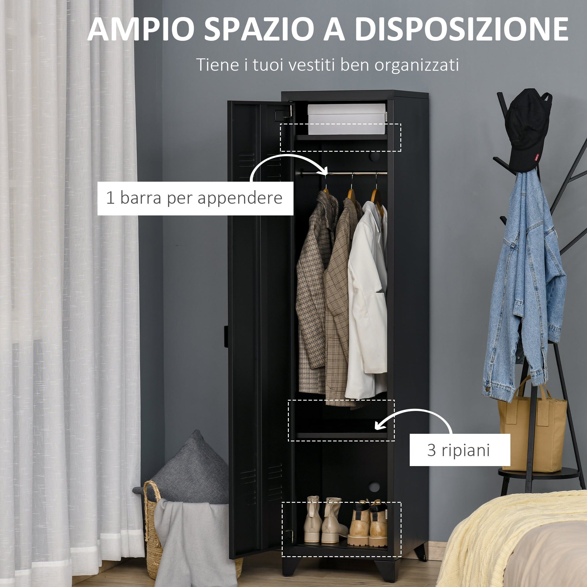 giordanoshop Armadietto Metallico 43x50x180 cm 1 Anta Nero...