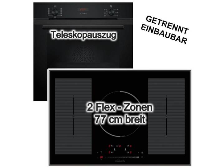 SIEMENS Backofen-Set Einbaubackofen Hydrolyse + Wolkenstein Induktionskochfeld 77cm Flex, mit 1-fach Teilauszug