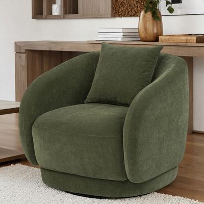 "33"" Chenille Swivel Accent Chair with Rounded Silhouette and Loose Back Pillow and Curved Arms"