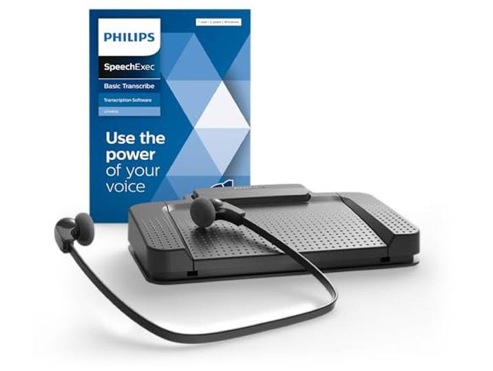 Philips LFH7177/06 Wiedergabe-Set, ergonomischer USB-Fußschalter ACC2330, Stereo-Unterkinn-Kopfhörer LFH0334, inkl. Software SpeechExec Basic Transcribe 2-Jahres-ABO