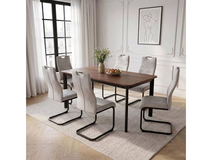 JIEXI Lot de 6 tables salle à manger extensibles chaises capitonnées porte-à-faux couleur crème pour salon bureau