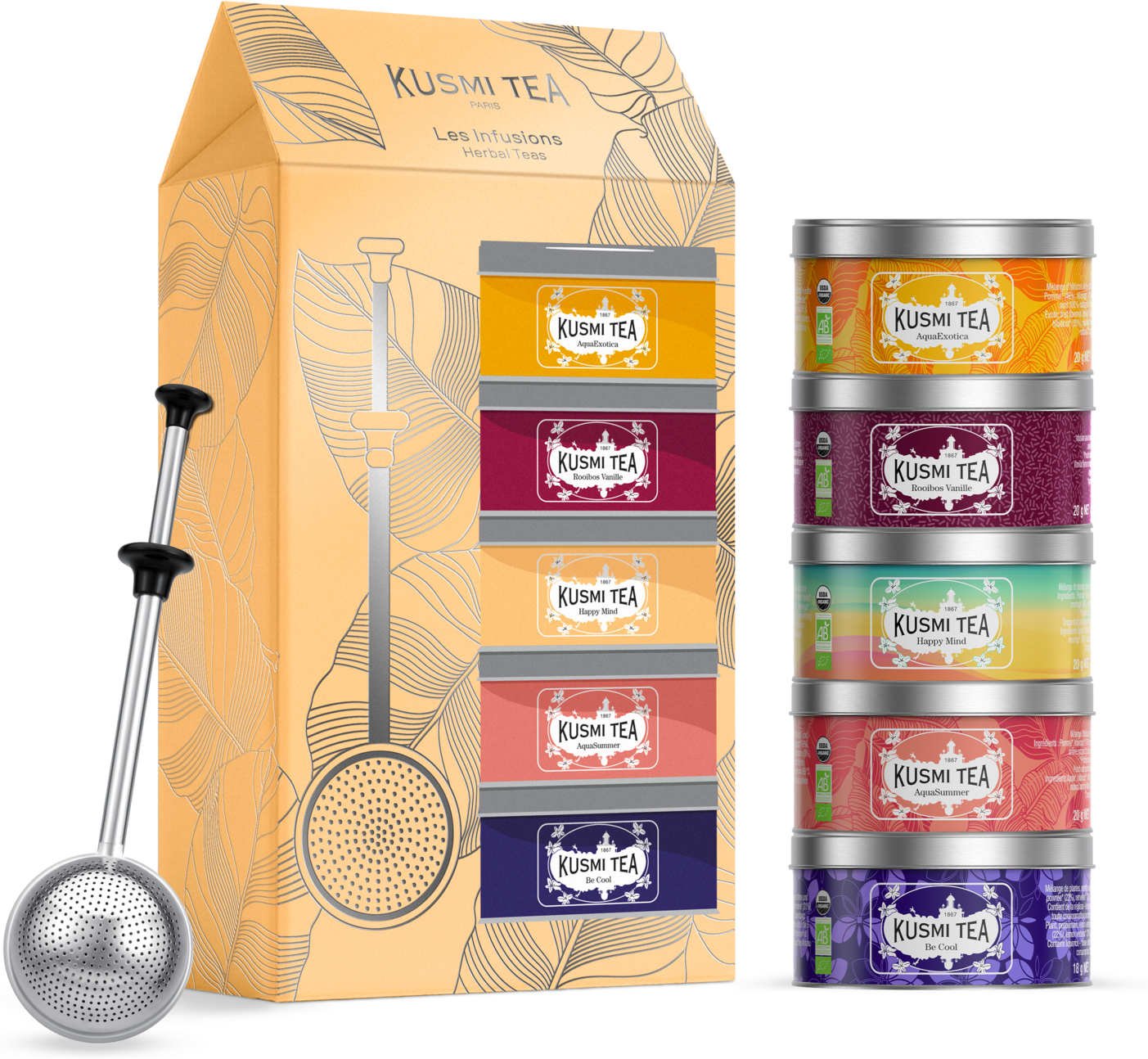 Geschenkset Aufgüsse Bio mit Teesieb - 5 Miniaturen, aufgüsse, lose Ware, teesieb am Stab - Kusmi Tea