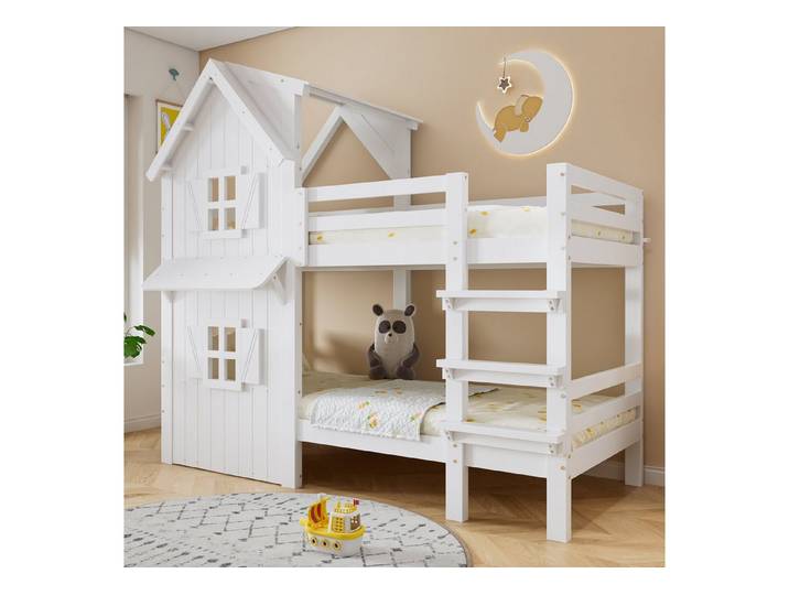 Flieks Etagenbett, Kinderbett Hausbett 90x200cm mit Geländer, Leiter, Fenster und Dach