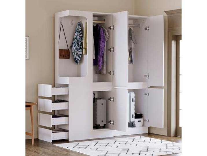 Merax großer Kleiderschrank 140x40x170cm, mit Doppeltür & Einzeltür, Schubladen und Staufächern, offener Kleiderbereich, pflegeleicht, weiß (auf der linken Seite)