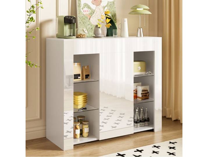 Buffet de Salon VIVRYN - Façade Brillante Rangement Vitré Panneaux de Particules - 95 x 35 x 83 cm - Blanc