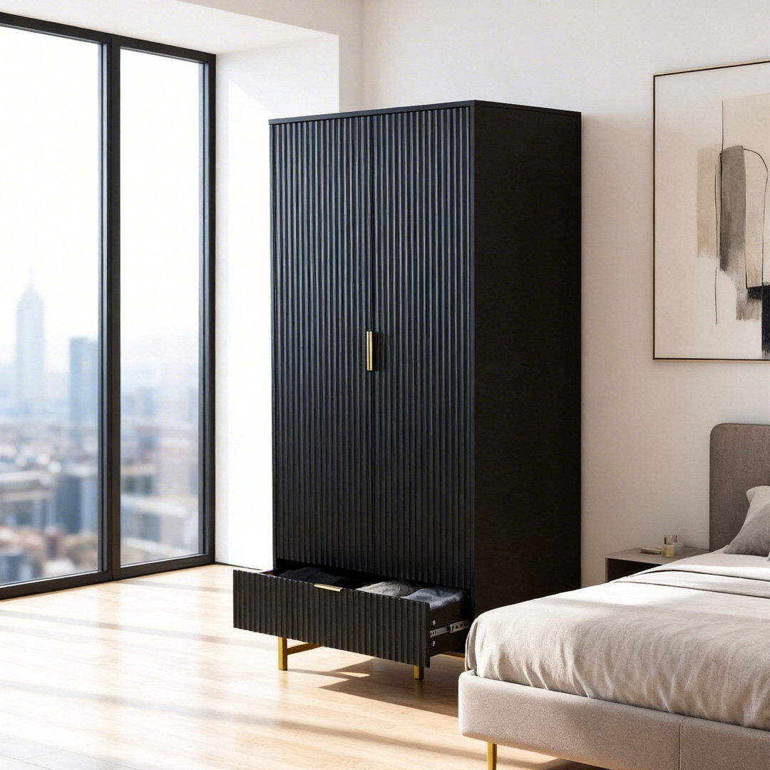 Metro Solid Wood Wardrobe Satin Black 2 door + 1 drawer