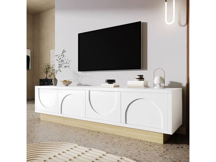 Meuble TV Blanc Moderne avec Grain de Bois Design Courbe Minimaliste Espace de Rangement suffisant Gestion des câbles 175x40x42cm