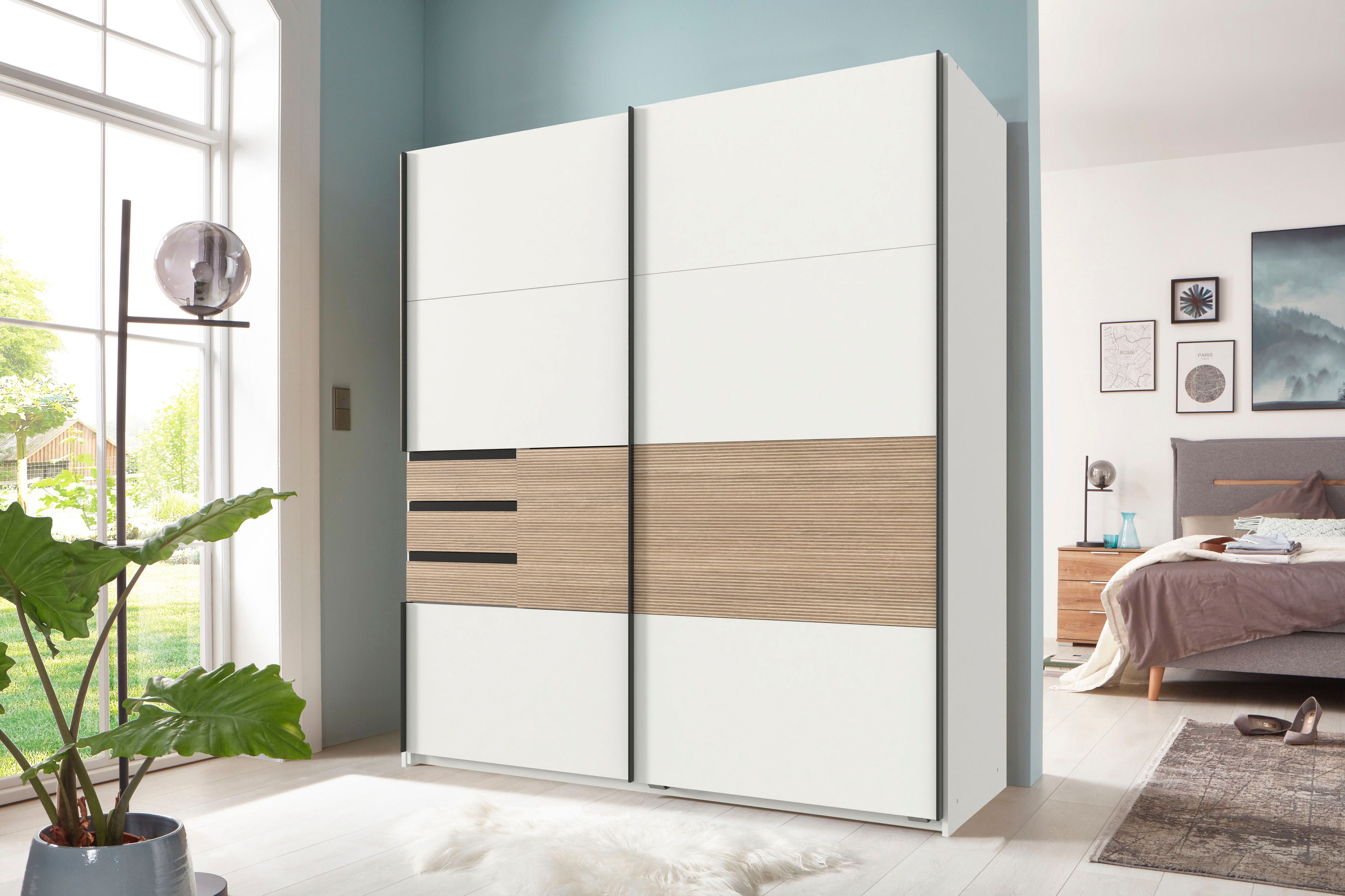 Schwebetürenschrank WIMEX "Bremen in der Breite 180cm, wahlweise mit Spiegel", bunt (weiß, absetzung multiplex), B:180cm H:198cm T:65cm, Holzwerkstoff, Schränke, Schwebetürenschrank, mit moderner Multiplex Optik, inkl. Schubladen weiß, absetzung multiplex