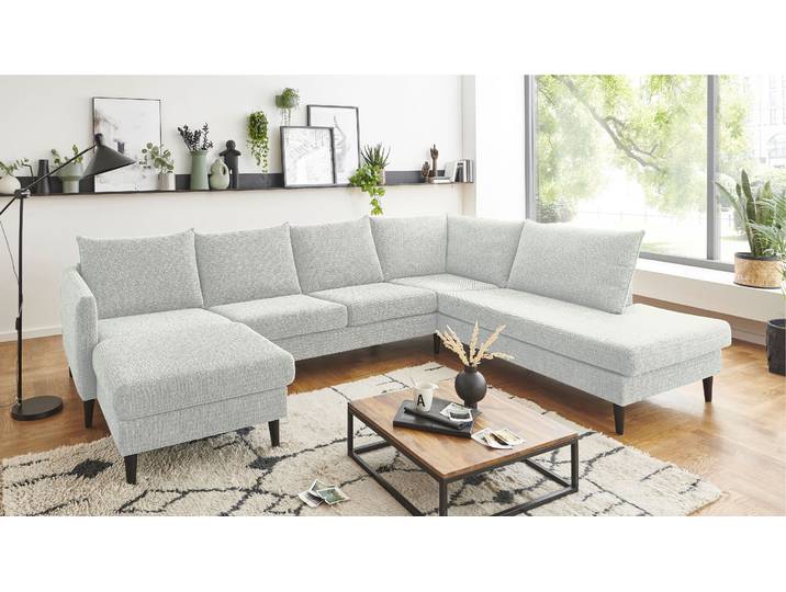 Wohnlandschaft GOODPRODUCT Rekvik U-Form , grau (hellgrau), B:308cm H:79cm, Sofas, Wohnlandschaft, mit Wellenunterfederung, mit Massivholzfüssen